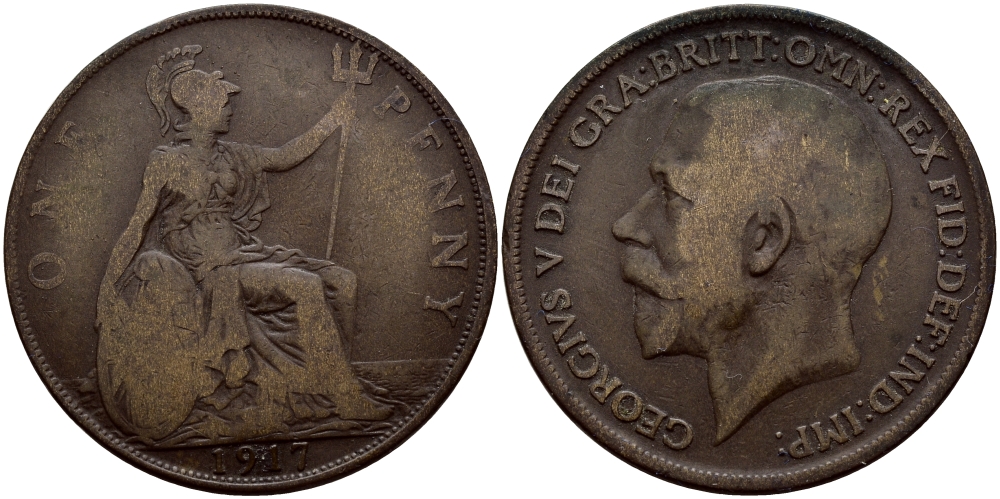 Великобритания 1 пенни 1917 Георг V (1910-1936) KM 810, Spink 4051 бронза 4385-332