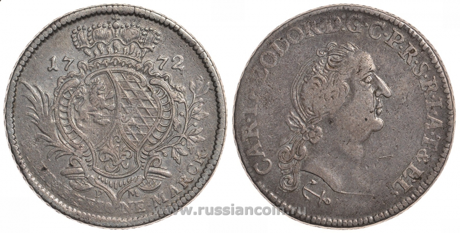 Юлих-Берг 1 талер 1772 PM, Карл Теодор KM 214, Dav. 2369 серебро 00-815-34