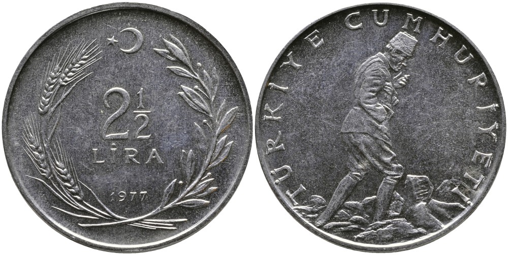 ТУРЦИЯ 2 1/2 ЛИРЫ 1977 KM 893.2 нержавеющая сталь 29-714