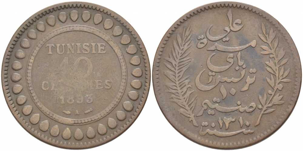 Тунис 10 сантимов 1893 АН 1310, Али III ибн аль-Хусейн KM 222 бронза 3457-526