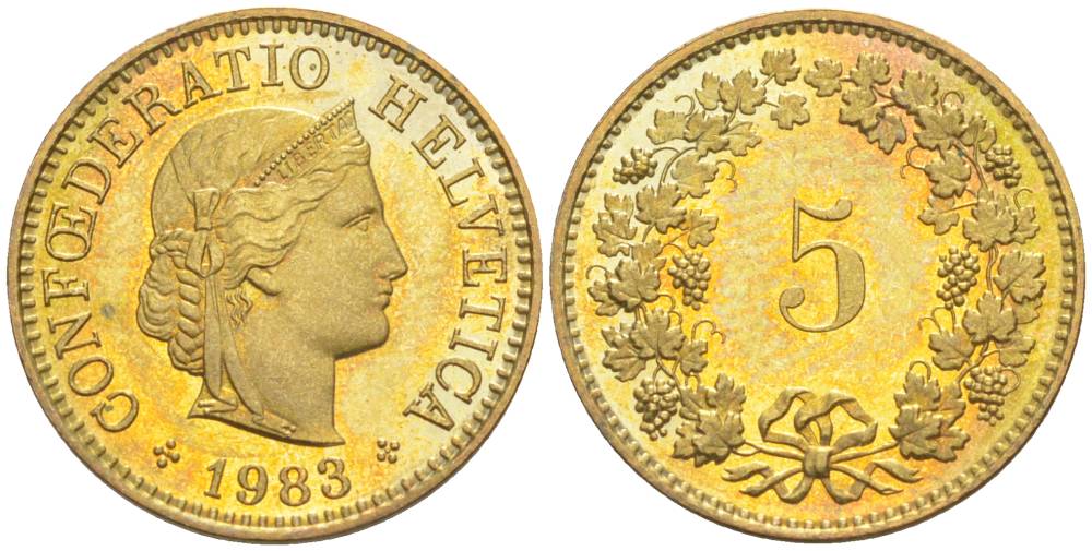 Швейцария 5 раппенов 1983 KM 26c алюминиевая бронза 105-921