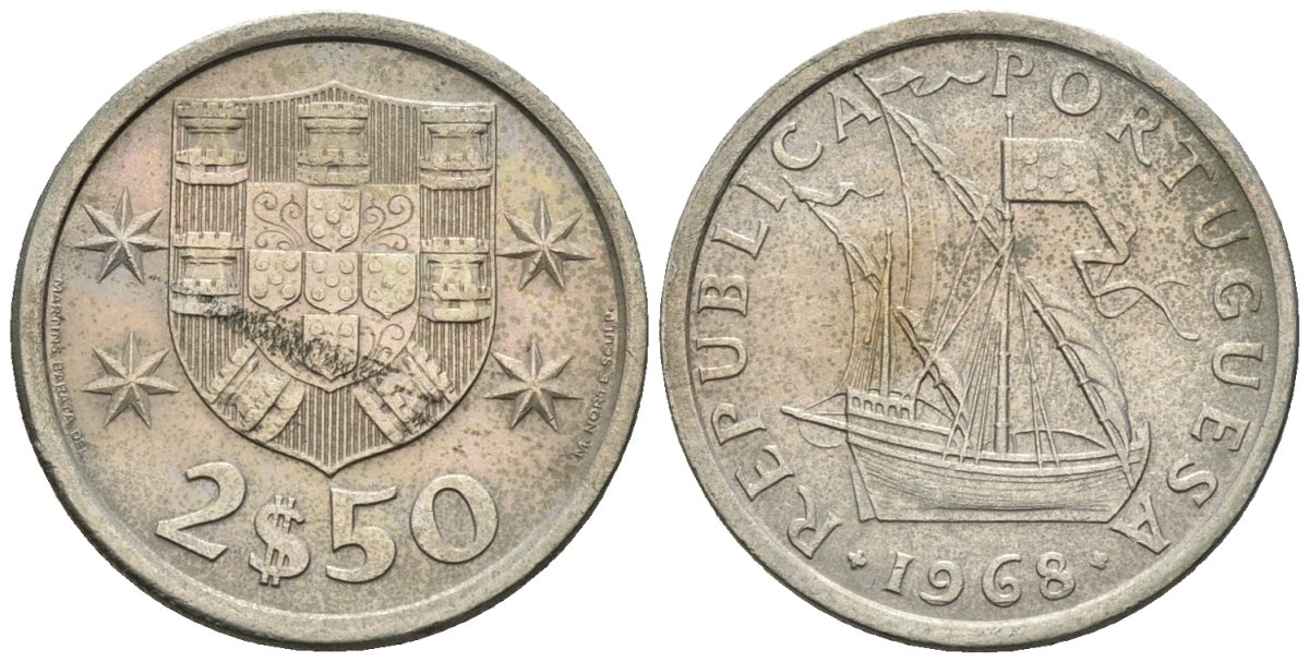 Португалия 2,5 эскудо 1968 парусник KM 590 медно-никель 4147-628