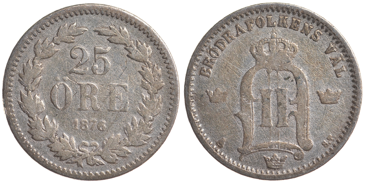 Швеция 25 эре 1876 ST, Оскар II (1872-1907) король Швеции и Норвегии KM 738 серебро 4179-815