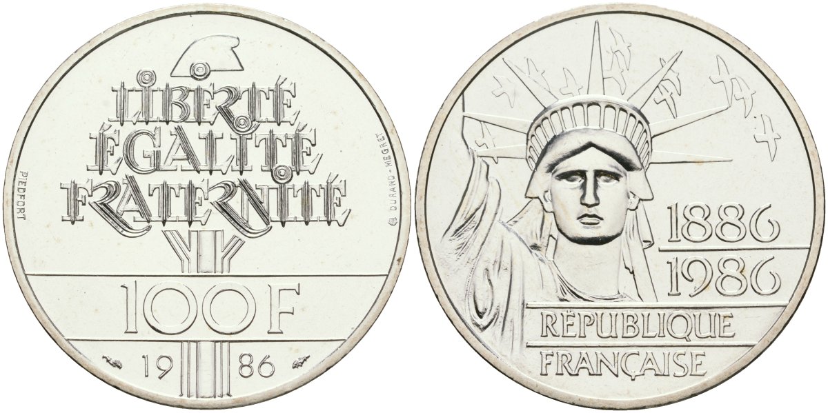 Франция 100 франков 1986 100 лет статуе Свободы на острове Эллис, пифорт, вес 30 грамм KM p972 серебро UNC 1099-3-61