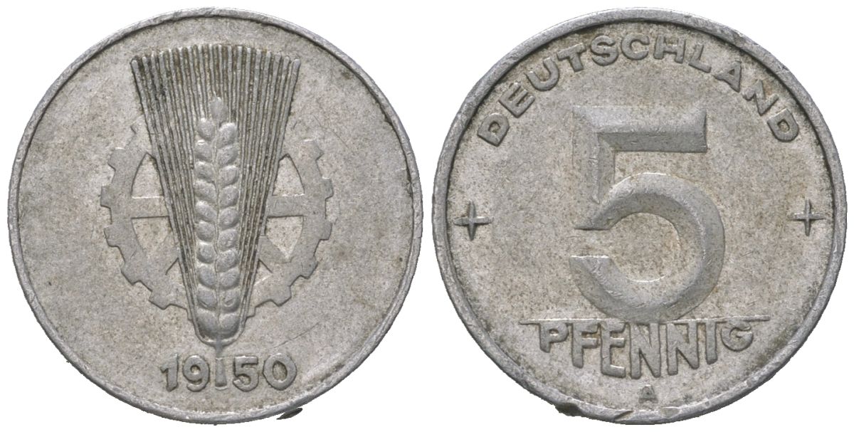 ГДР 5 пфеннигов 1950 A KM 2 алюминий 206-545
