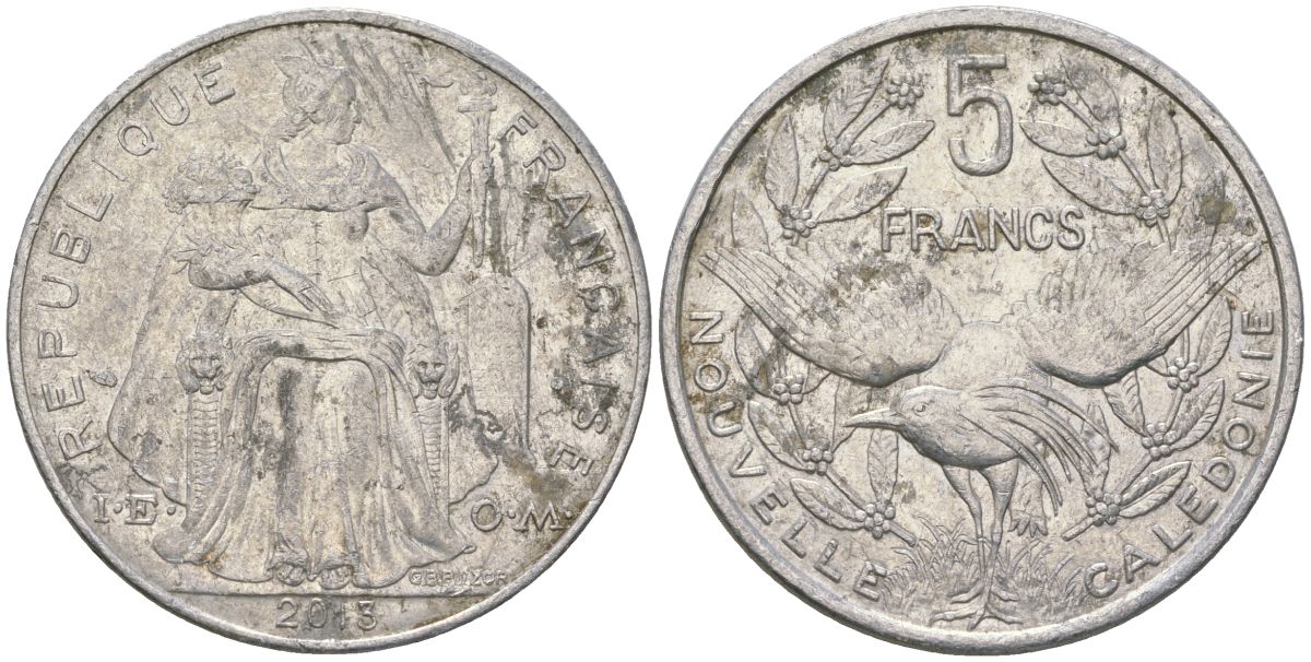 Французская Новая Каледония 5 франков 2013 птица кагу, (IEOM) KM 16, Schoen 12, Lec 81k алюминий 4111-1234
