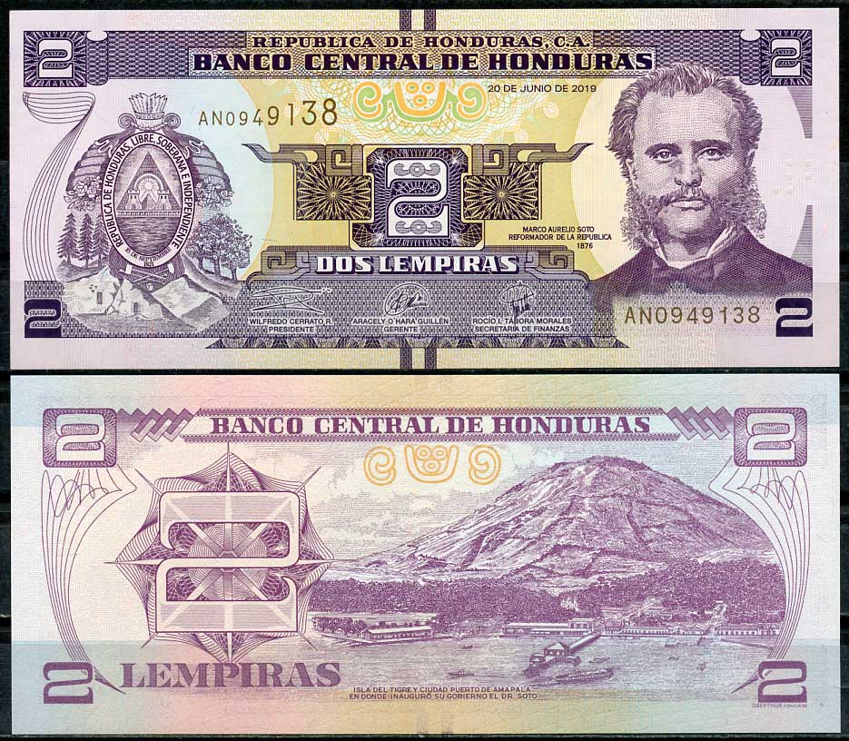 Гондурас 2 лемпира 2019 Марко Аурелио Сото, президент Pick 97 d  бумага  UNC (пресс) 447-106-2