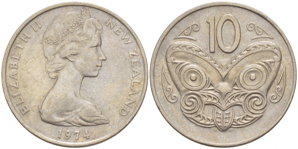 Новая Зеландия 10 центов 1974 Елизавета II (1952-2022), маска маори KM 41.1 медно-никель 212-1136