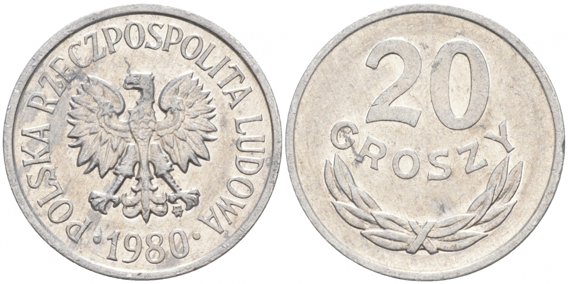 ПОЛЬША 20 ГРОШЕЙ 1980 MW KM А47 алюминий 4516-544