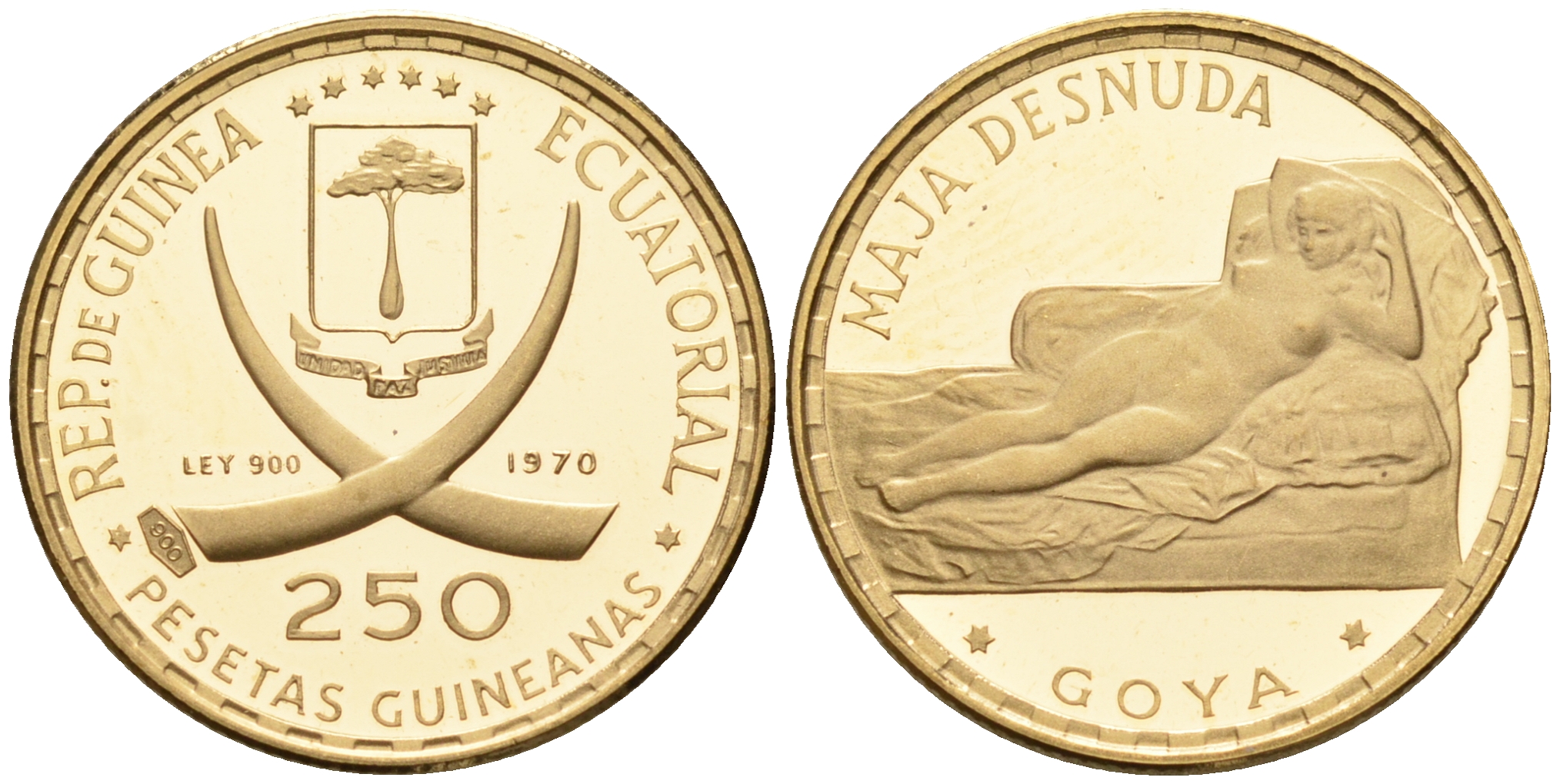 Экваториальная Гвинея 250 песет 1970 Гойя - Маха обнаженная KM 20.1 золото PROOF 00-808-01