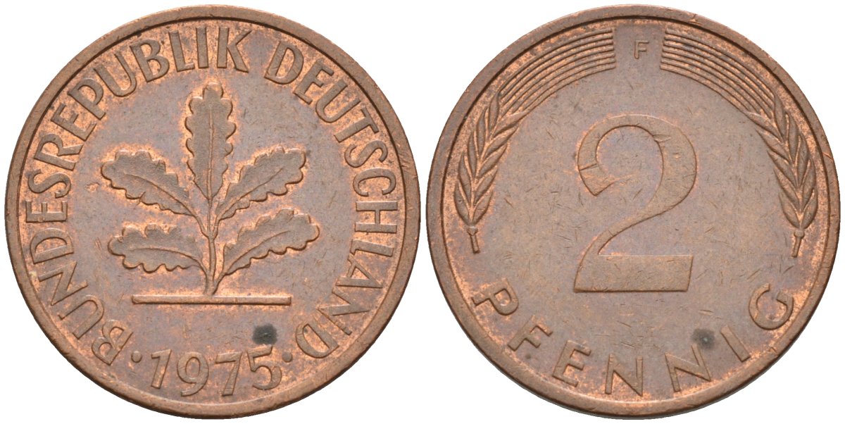 ФРГ 2 пфеннига 1975 F KM 106а сталь плакированная медью 4580-356
