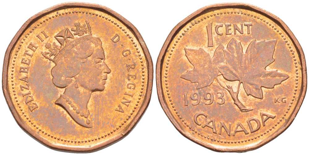 Канада 1 цент 1993 Елизавета II (1952-2022), кленовый лист KM 181 бронза 46-2553