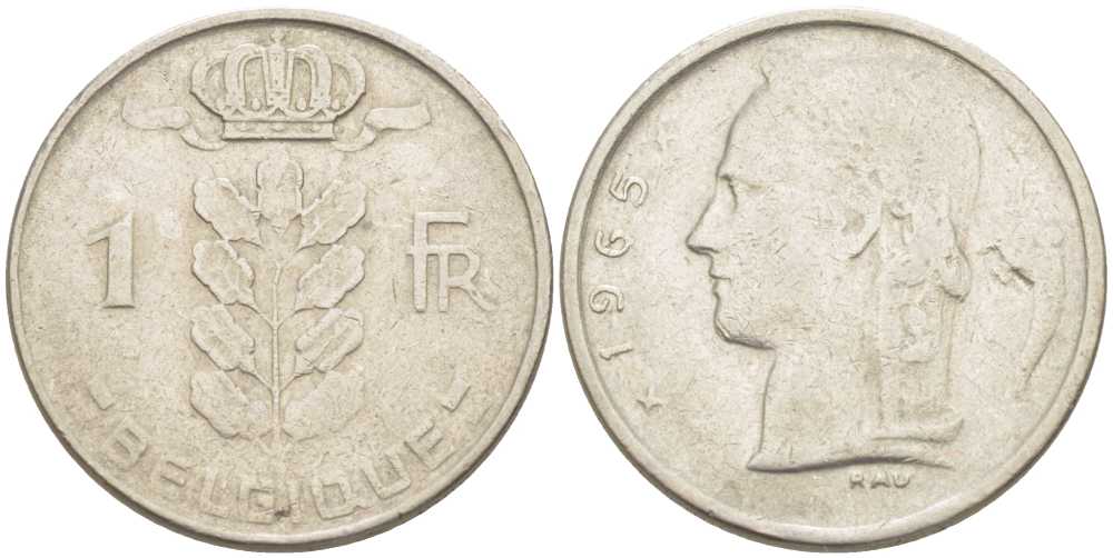 БЕЛЬГИЯ 1 ФРАНК 1965 BELGIQUE, БОДУЭН I (1951-1993) KM 142.1 медно-никель 213-517