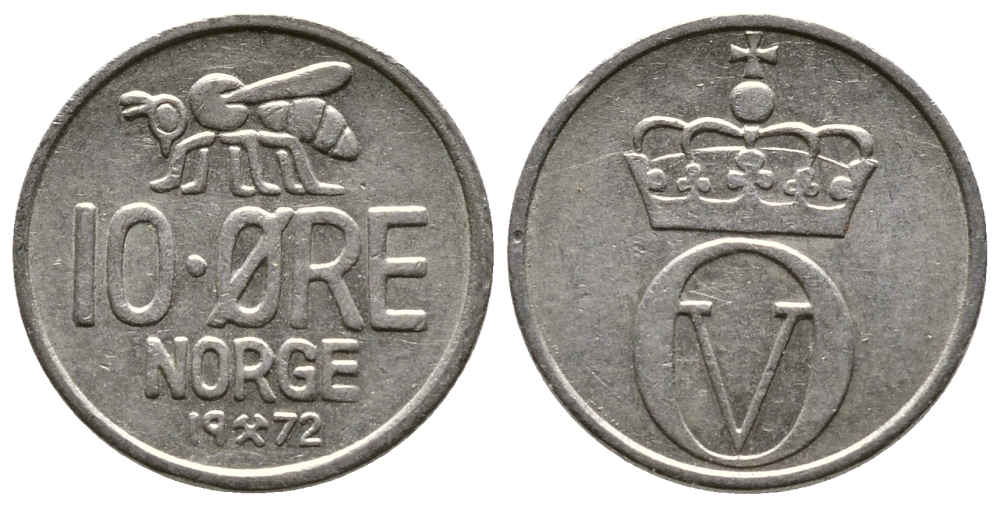 Норвегия 10 эре 1972 пчела, Улаф V (1958-1991) KM 411 медно-никель 220-464