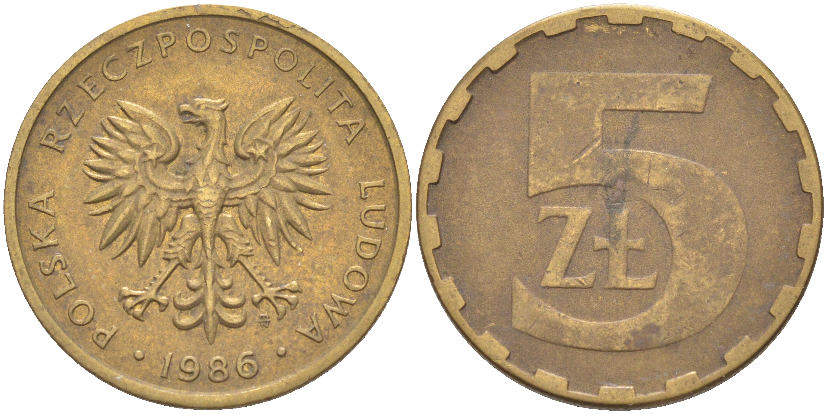 ПОЛЬША 5 ЗЛОТЫХ 1986 MW KM 81.2 латунь 106-623