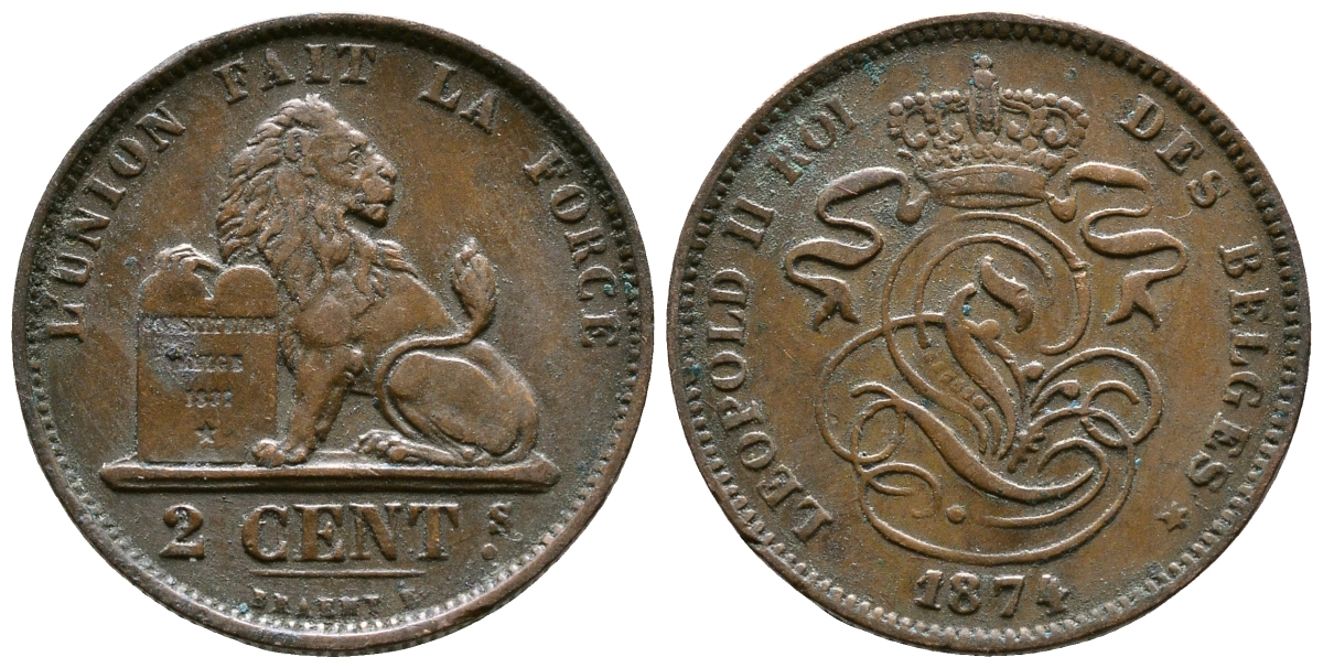 БЕЛЬГИЯ 2 САНТИМА 1874 BELGES KM 35.1 медь 4364-3251