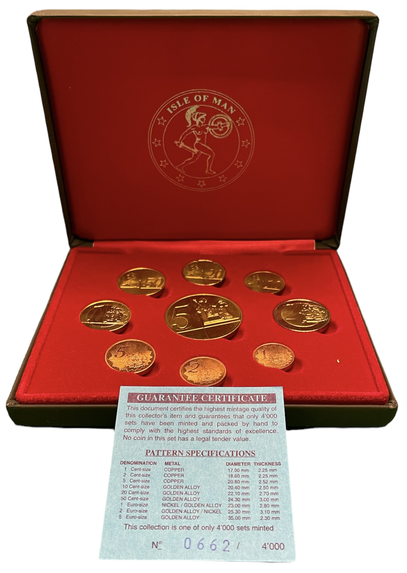 Остров Мэн евронабор из 9 монет (с 5 евро) 2004 пробники, PROBA, в оригинальной коробке, с сертификатом    PROOF  4-3-4-03