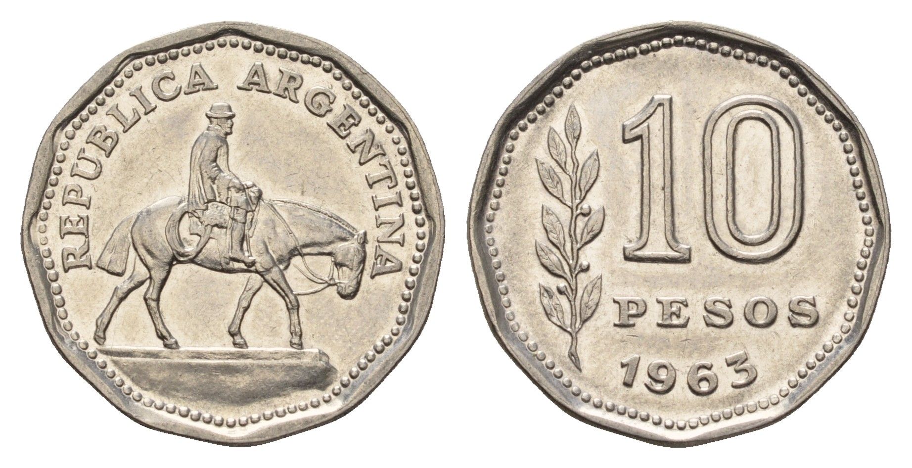 Аргентина 10 песо 1963 Гаучо KM 60 сталь плакированная никелем 4116-553