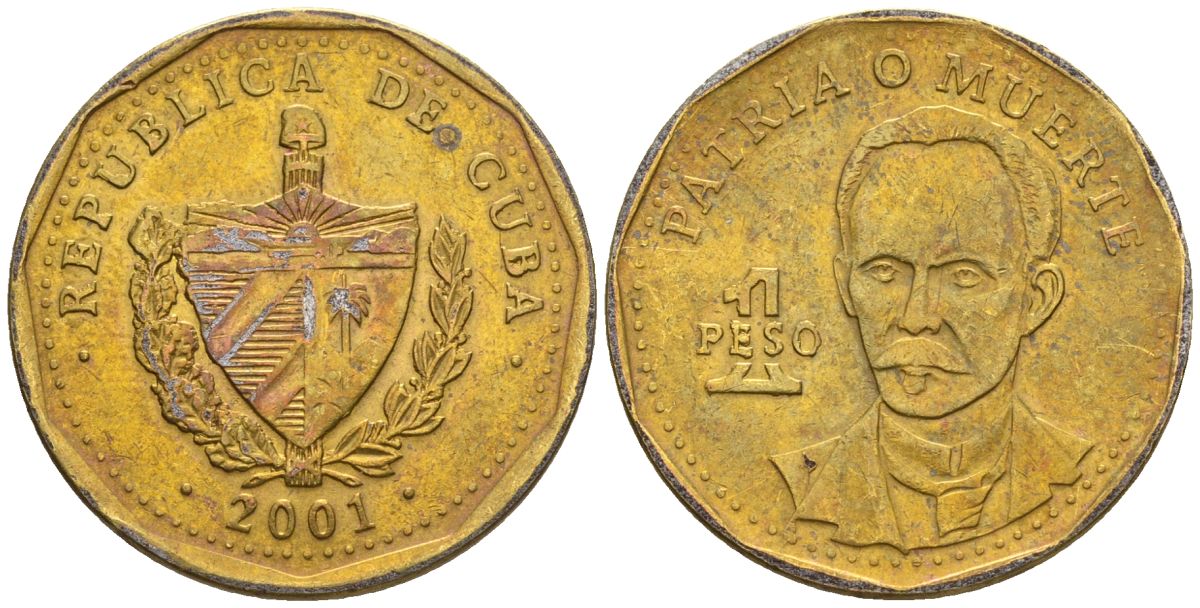 Куба 1 песо 2001 Хосе Марти KM 347, JMA 95, Schoen B34 сталь плакированная латунью 4116-217