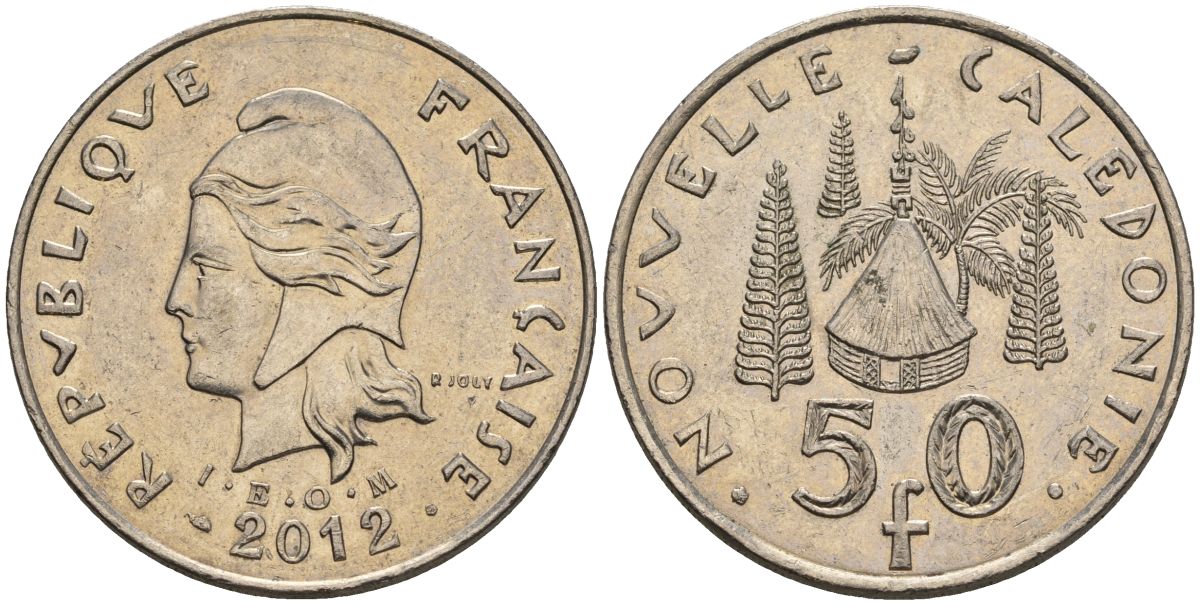 Французская Новая Каледония 50 франков 2012 хижина среди сосен и пальм, (IEOM) KM 13a, Schoen 15a, Lec 128i медно-никель 4111-1013