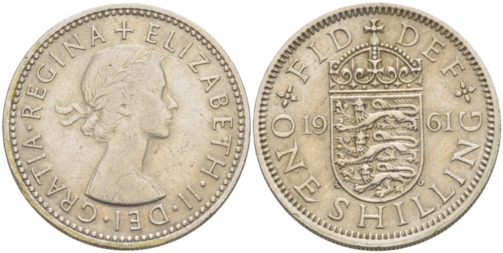 Великобритания 1 шиллинг 1961 Елизавета II (1952-2022), Английский герб KM 904, Spink 4147 медно-никель 77-121