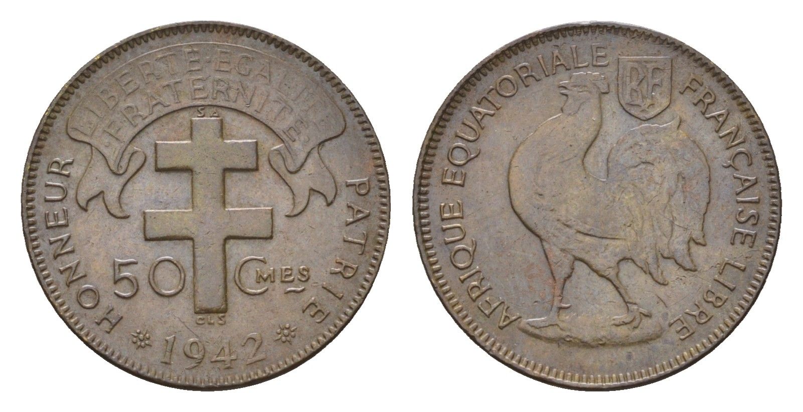 Французская Экваториальная Африка 50 сантимов 1942 год-тип KM 1 латунь 4669-445