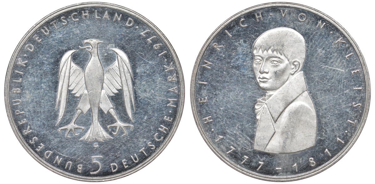 ФРГ 5 марок 1977 G, 200 лет со дня рождения Генриха фон Клейста KM 146, J. 421 серебро PROOF 4178-834