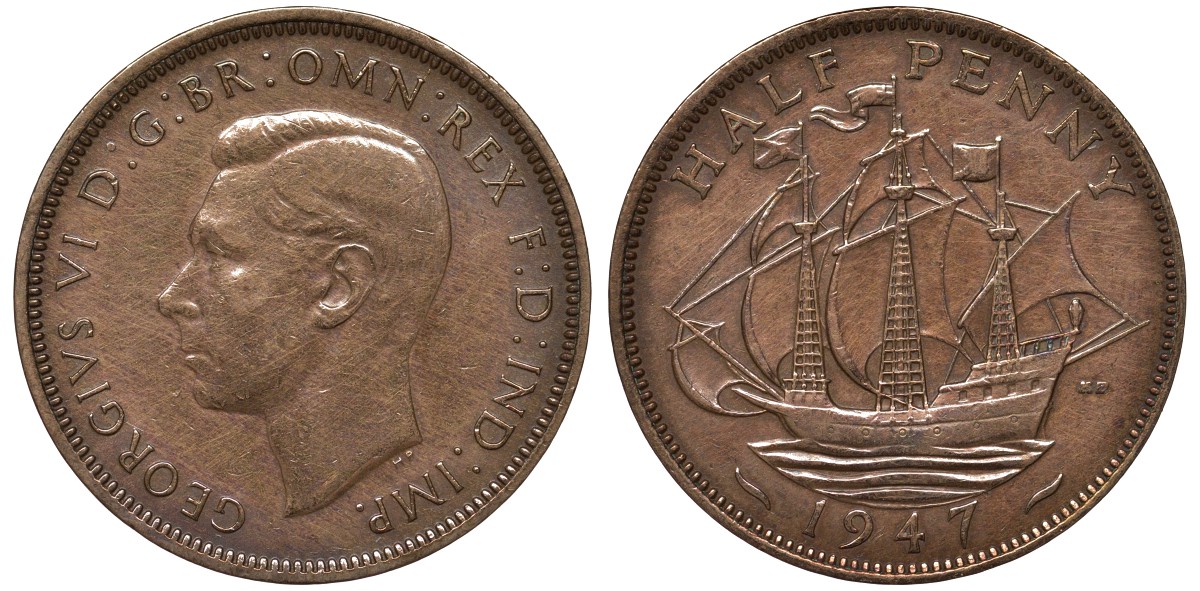 Великобритания 1/2 пенни 1947 Георг VI (1936-1952) KM 844, Spink 4115 бронза 4122-812