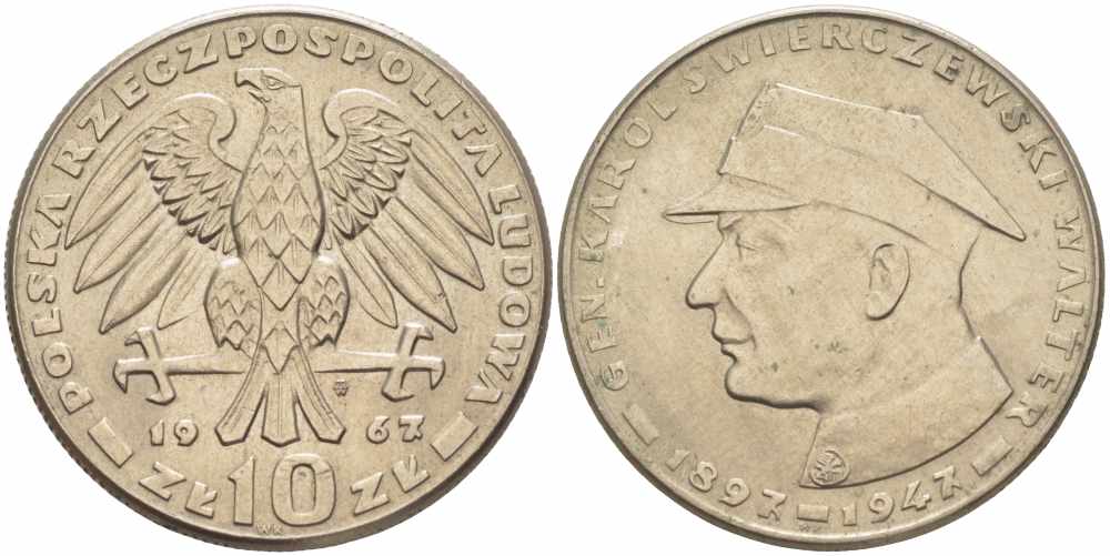 Польша 10 злотых 1967 20 лет со дня смерти генерала Сверчевского KM 58 медно-никель 109-614