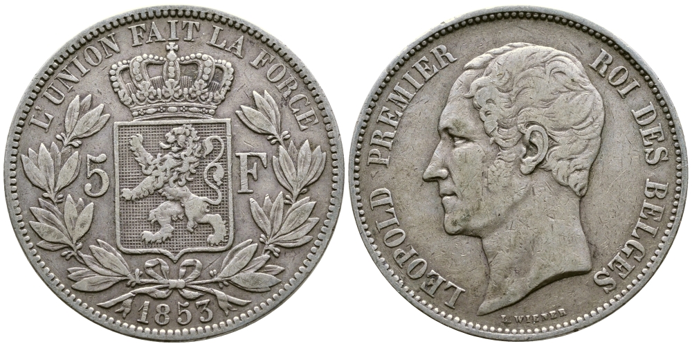 Бельгия 5 франков 1853 Леопольд I (1831-1865) KM 17 серебро 00-1067-5-52