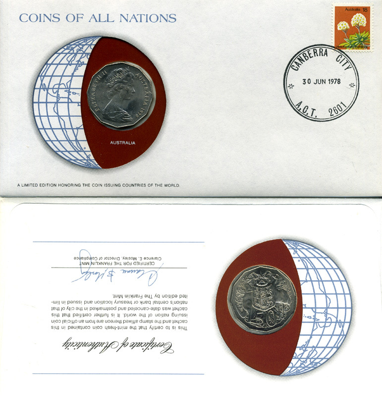 Австралия 50 центов 1978 Елизавета II (1952-2022), герб Австралии, кенгуру КОНВЕРТ С МАРКОЙ ПЕРВОГО ДНЯ ГАШЕНИЯ, COINS OF NATIONS KM 68 медно-никель UNC 4294-17-1