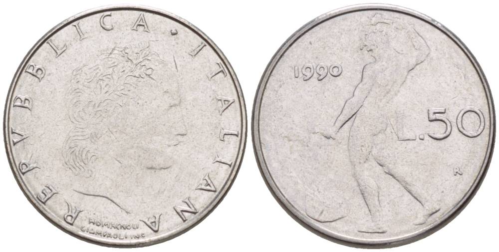 ИТАЛИЯ 50 ЛИР 1990 R, БОГ ОГНЯ ВУЛКАН У НАКОВАЛЬНИ, ДИАМЕТР 17 ММ. KM 95.2 нержавеющая сталь 4551-423