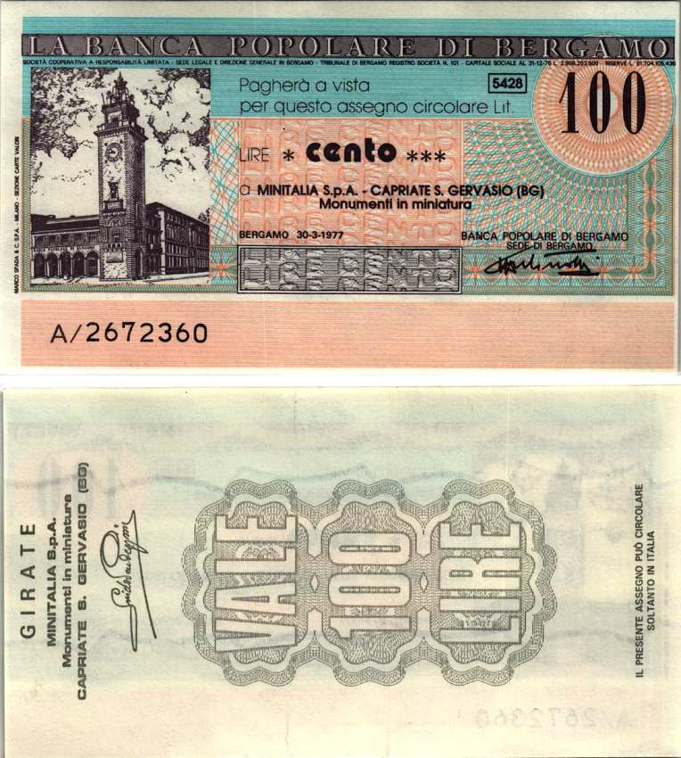 Италия 100 лир 1977 30 марта 1977 La Banca popoLare Di bergamo бумага UNC (пресс) 7221-11-3-2