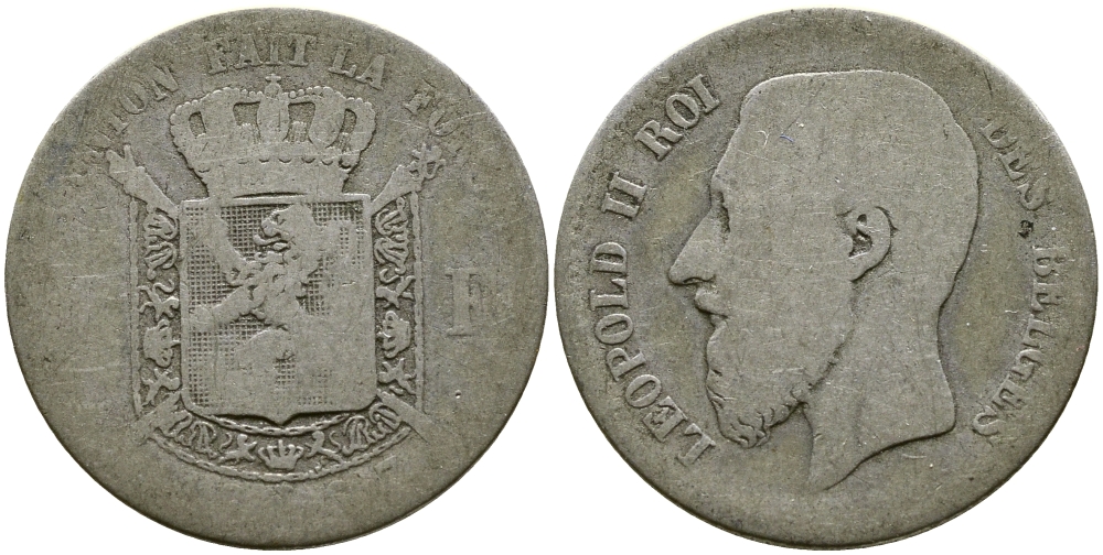 БЕЛЬГИЯ 1 ФРАНК 1867 ЛЕОПОЛЬД II (1865-1909), BELGES KM 28.1 серебро 87-645