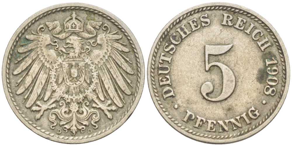 Германия 5 пфеннигов 1908 D KM 11, Jager 12, Weege 6 медно-никель 206-1223