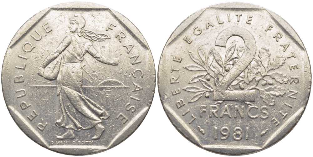 ФРАНЦИЯ 2 ФРАНКА 1981 СЕЯТЕЛЬ KM 942.1, LE FRANC 272.5 никель 115-524
