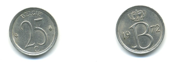 БЕЛЬГИЯ 25 САНТИМОВ 1972 BELGIE KM 154.1 медно-никель UNC 80-929