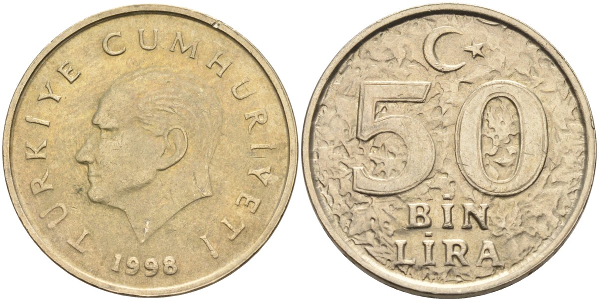 Турция 50000 лир 1998 Кемаль Ататюрк KM 1056 медь никель цинк 4574-1126