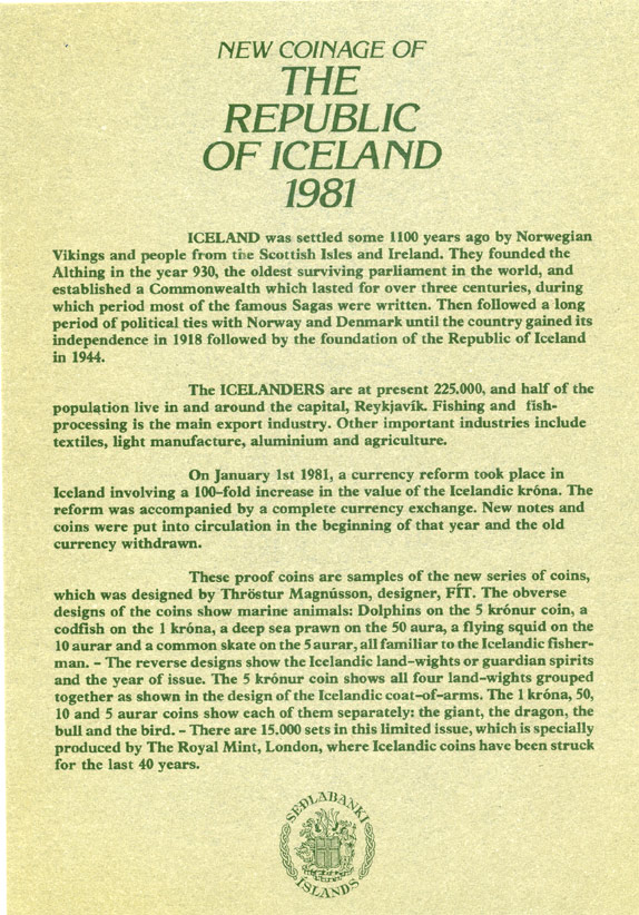 Исландия набор из 5 монет  1981 в оригинальной пластиковой упаковке, с сертификатом, тираж 15000 экземпляров KM PS 4   PROOF 00-00