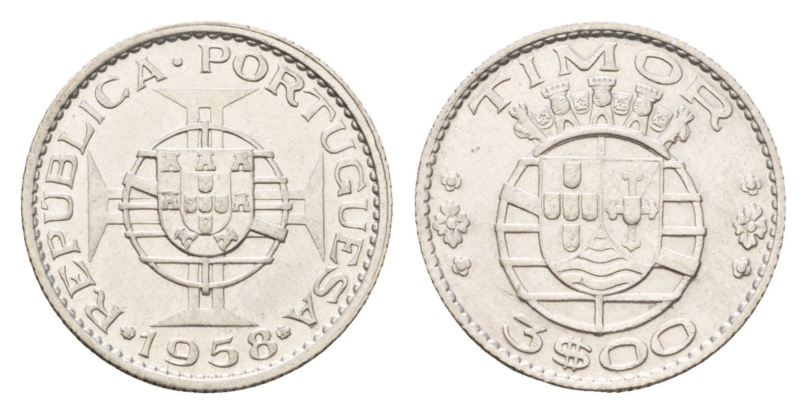 Португальский Тимор 3 эскудо 1958 год-тип KM 14 серебро 4669-764