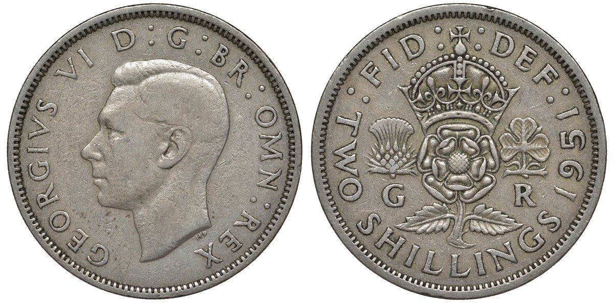 Великобритания 2 шиллинга (флорин) 1951 Георг VI (1936-1952) KM 878, Spink 4107 медно-никель 4123-916