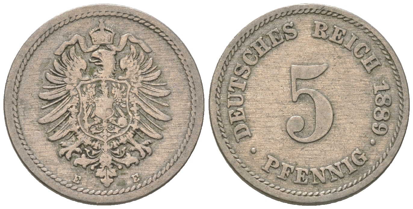 Германия 5 пфеннигов 1889 E, старогербовка KM 3, J.3 медно-никель 4164-657