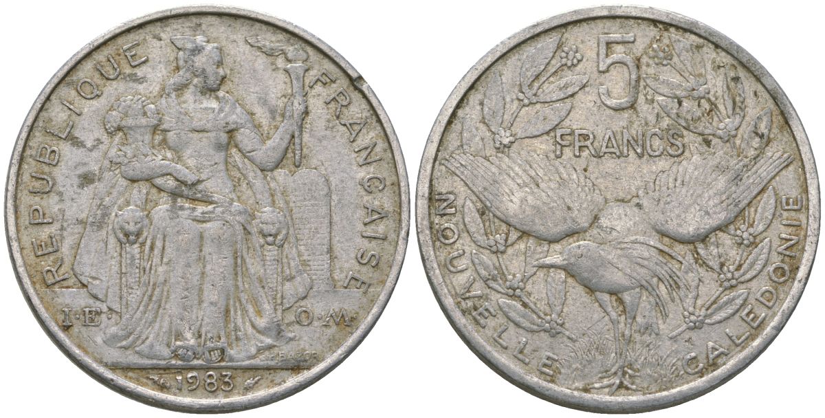Французская Новая Каледония 5 франков 1983 птица кагу, (IEOM) KM 16, Schoen 12, Lec 75 алюминий 180-332