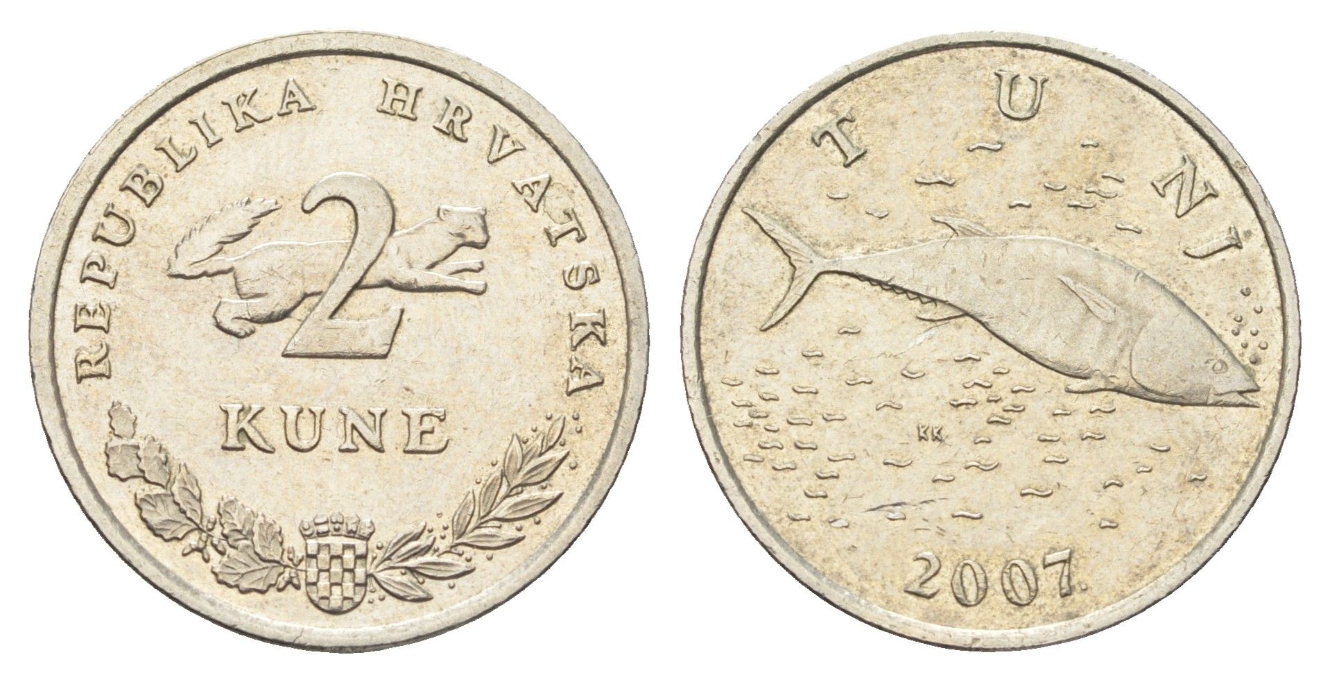 Хорватия 2 куны 2007 тунец, нечетный год KM 10 медь цинк никель    4660-416