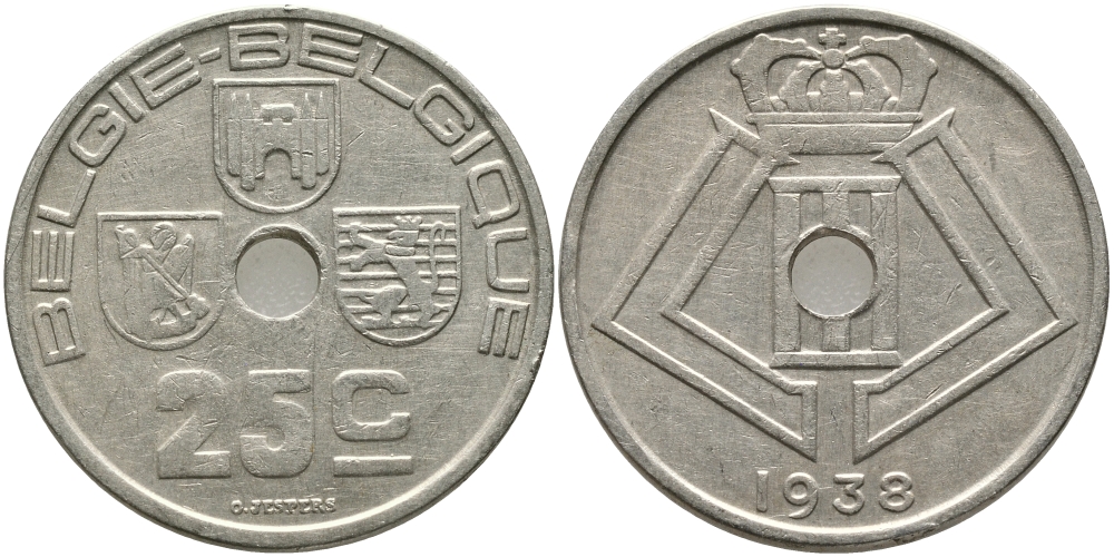 БЕЛЬГИЯ 25 САНТИМОВ 1938 BELGIE-BELGIQUE, ГЕРМАНСКАЯ ОККУПАЦИЯ, ВТОРАЯ МИРОВАЯ ВОЙНА KM 115.1 никель латунь 94-513