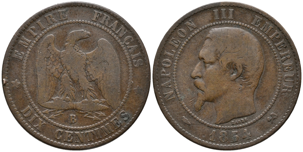 ФРАНЦИЯ 10 САНТИМОВ 1854 В, НАПОЛЕОН III (1852-1870) KM 771.2 бронза 32-1021