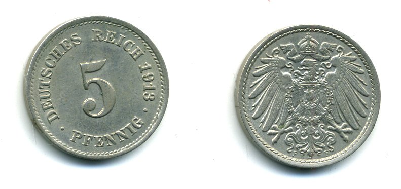ГЕРМАНИЯ 5 ПФЕННИГОВ 1913 F, KM 11, J. 12 медно-никель 54-413