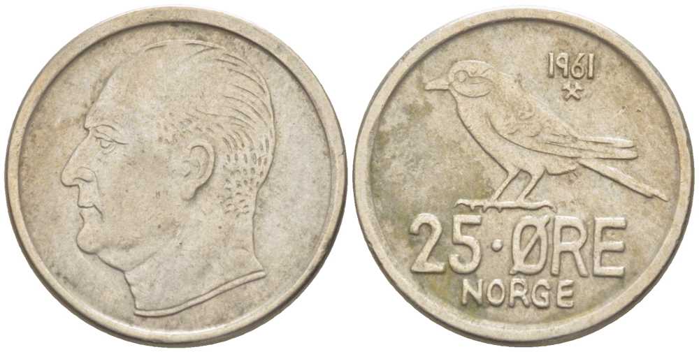 Норвегия 25 эре 1961 Улаф V (1958-1991), синица KM 407 медно-никель 3309-726