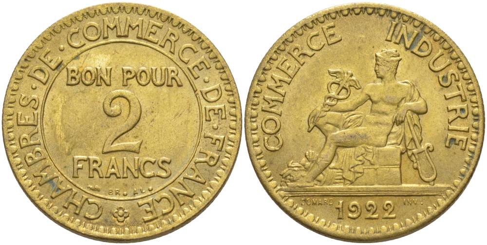 Франция 2 франка 1922 тип Chambres de Commerce KM 877, LE FRANC 267.4 алюминиевая бронза 69-1142