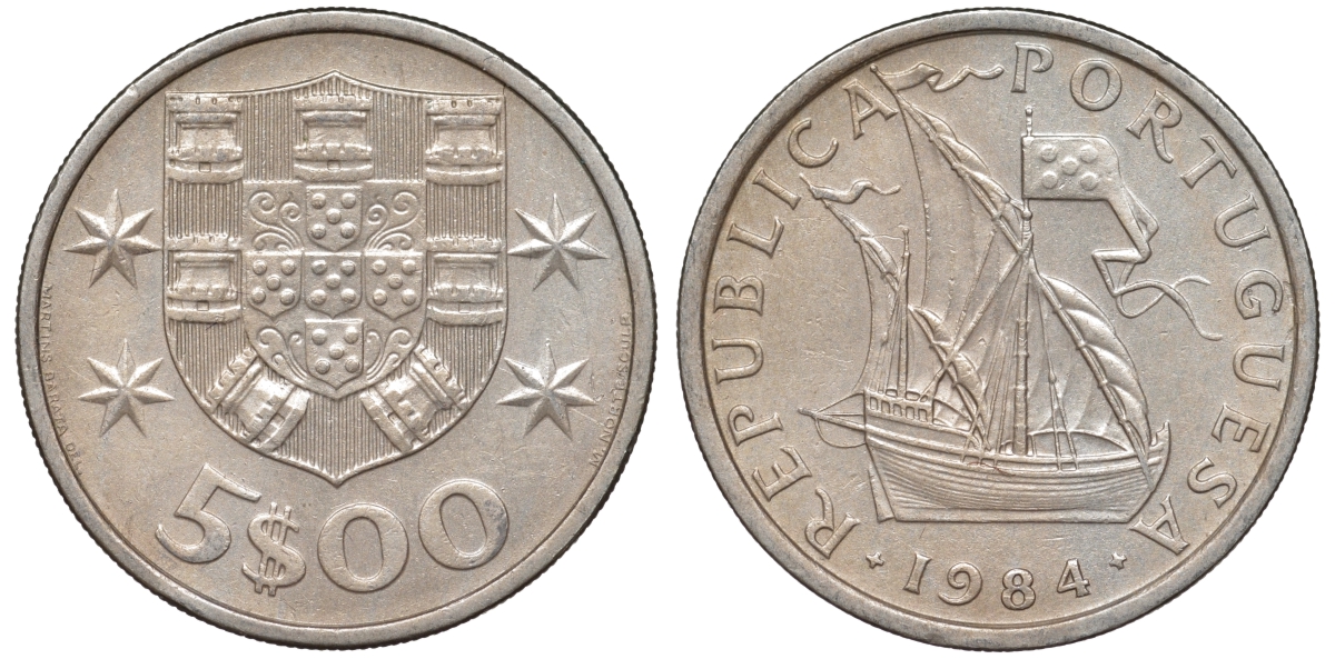Португалия 5 эскудо 1984 KM 591 медно-никель 4143-143